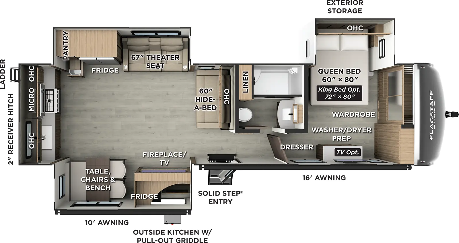 The Flagstaff Classic Travel Trailers 832RKSB has one entry and three slide outs. Exterior features include: fiberglass exterior, 10' & 16' awning and outside kitchen. Interiors features include: rear kitchen and front bedroom.